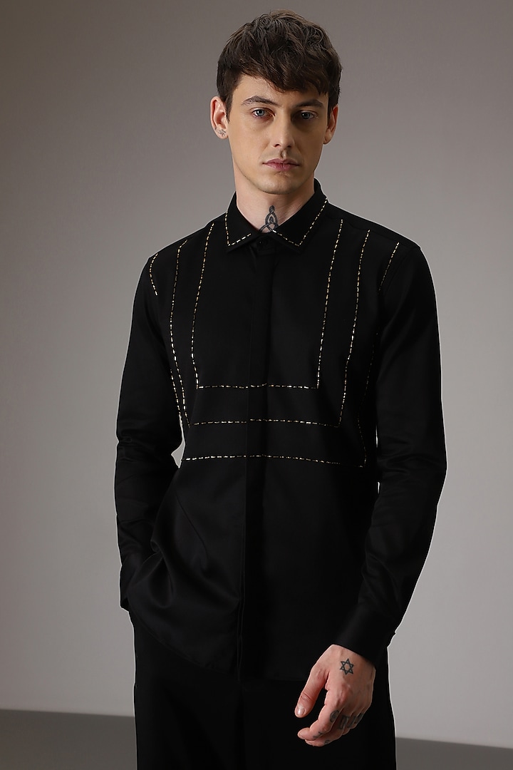 Black Cotton Satin Hand Embroidered Shirt by Komal Kothari at Pernia's Pop Up Shop