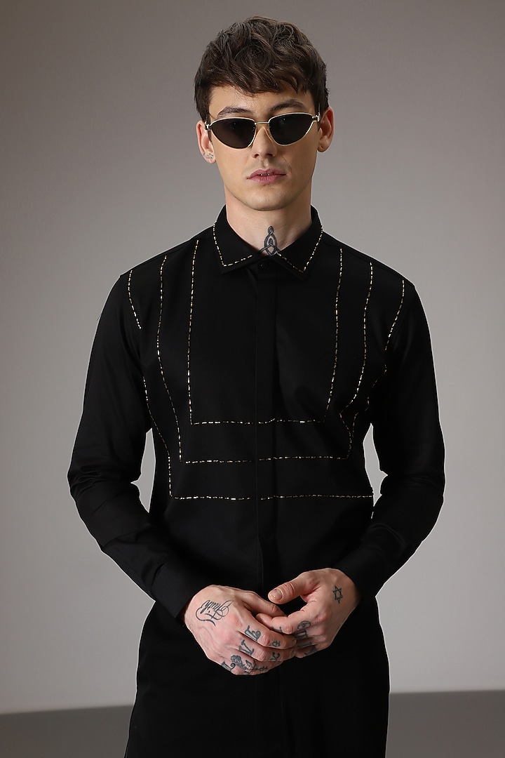Black Cotton Satin Hand Embroidered Party Wear Shirt by Komal Kothari at Pernia's Pop Up Shop