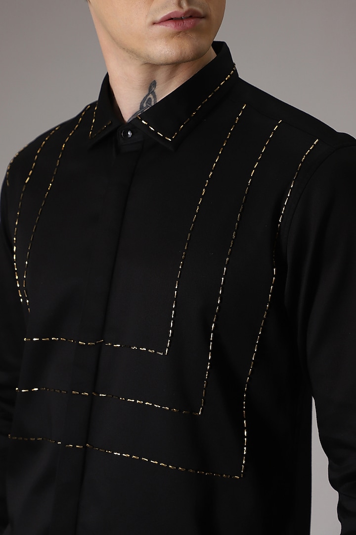 Black Cotton Satin Hand Embroidered Party Wear Shirt by Komal Kothari at Pernia's Pop Up Shop