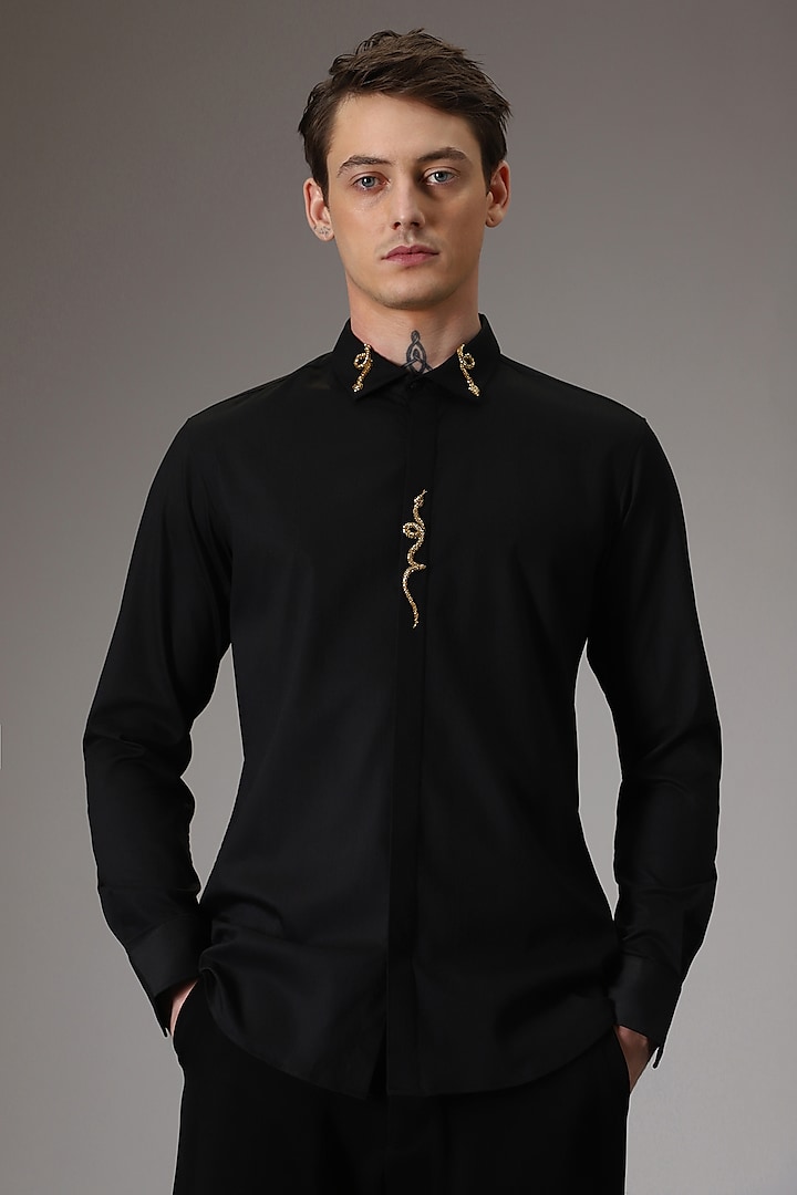 Black Cotton Satin Hand Embroidered Shirt by Komal Kothari