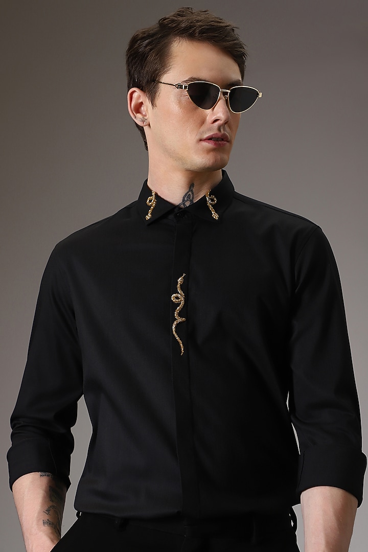 Black Cotton Satin Hand Embroidered Party Wear Shirt by Komal Kothari at Pernia's Pop Up Shop