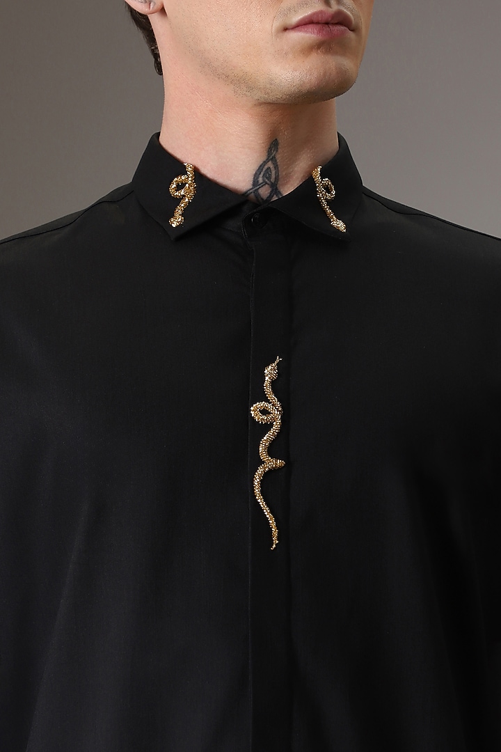 Black Cotton Satin Hand Embroidered Party Wear Shirt by Komal Kothari at Pernia's Pop Up Shop