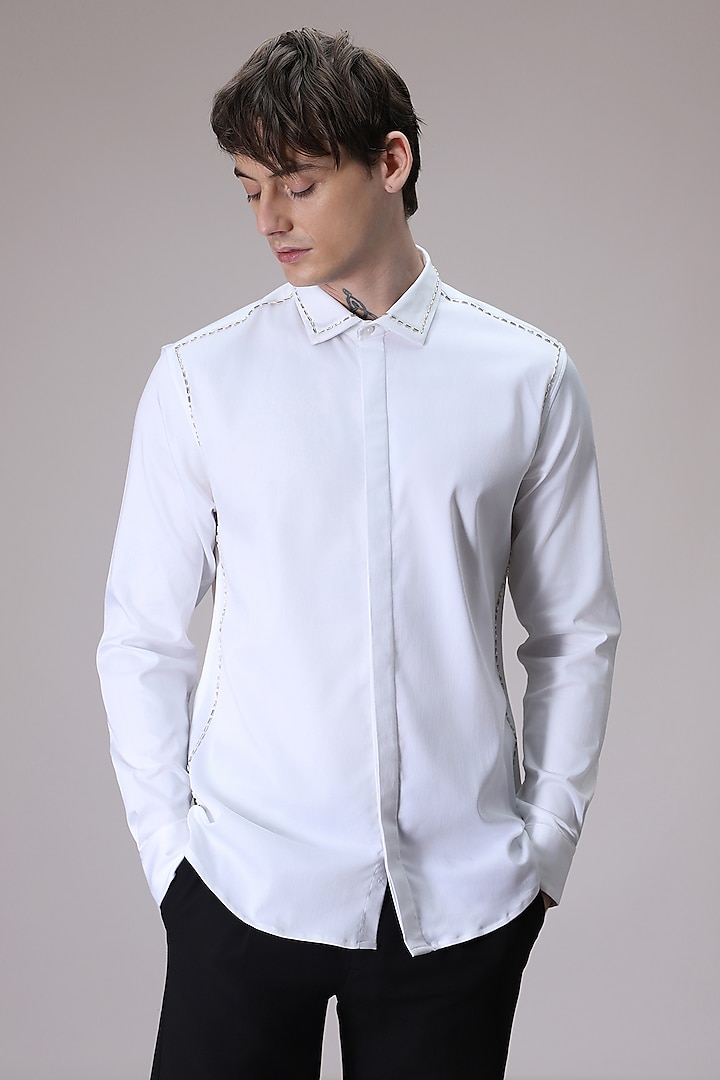 White Cotton Satin Hand Embroidered Shirt by Komal Kothari at Pernia's Pop Up Shop