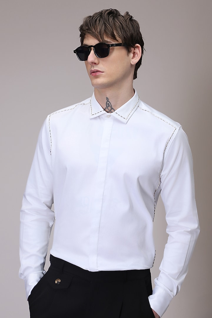 White Cotton Satin Hand Embroidered Summer Shirt by Komal Kothari at Pernia's Pop Up Shop