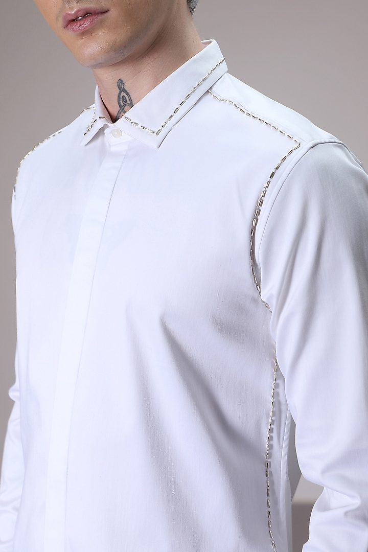 White Cotton Satin Hand Embroidered Summer Shirt by Komal Kothari at Pernia's Pop Up Shop