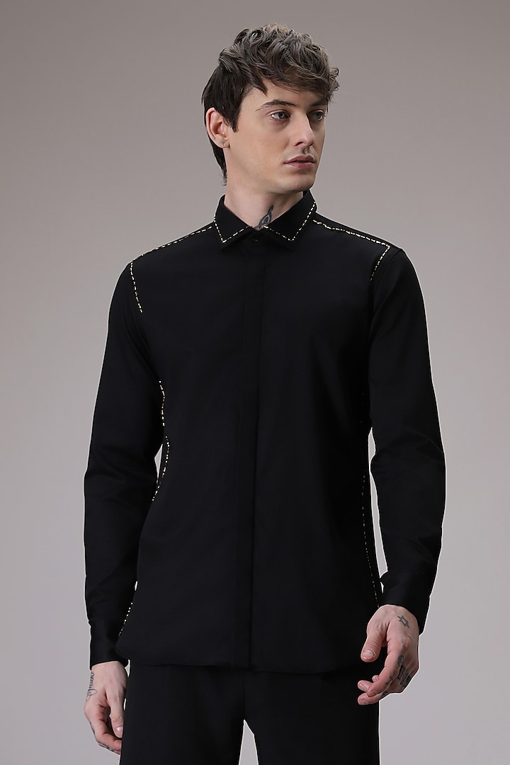 Black Cotton Satin Hand Embroidered Shirt by Komal Kothari at Pernia's Pop Up Shop