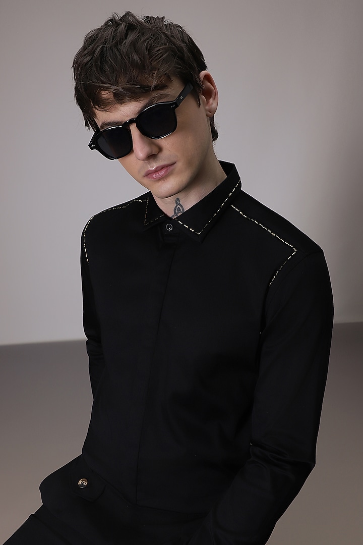 Black Cotton Satin Hand Embroidered Summer Shirt by Komal Kothari at Pernia's Pop Up Shop