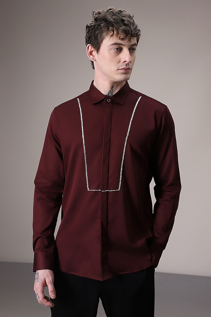 Burgundy Cotton Satin Hand Embroidered Shirt by Komal Kothari at Pernia's Pop Up Shop