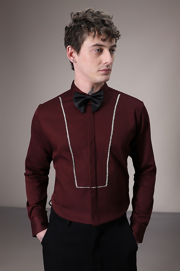 Burgundy Cotton Satin Hand Embroidered Summer Shirt by Komal Kothari at Pernia's Pop Up Shop