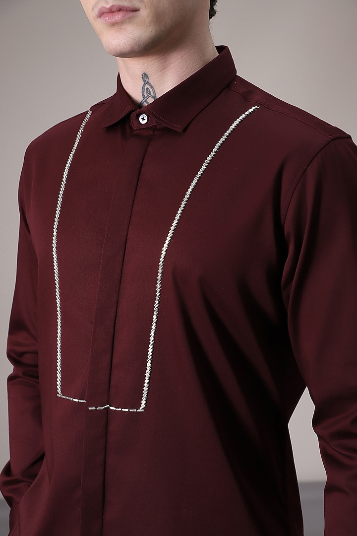 Burgundy Cotton Satin Hand Embroidered Summer Shirt by Komal Kothari at Pernia's Pop Up Shop