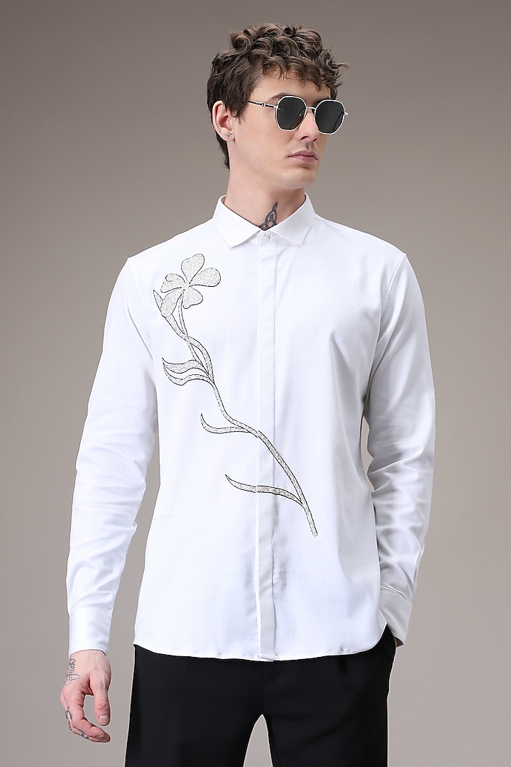 White Cotton Satin Floral Hand Embroidered Shirt by Komal Kothari at Pernia's Pop Up Shop