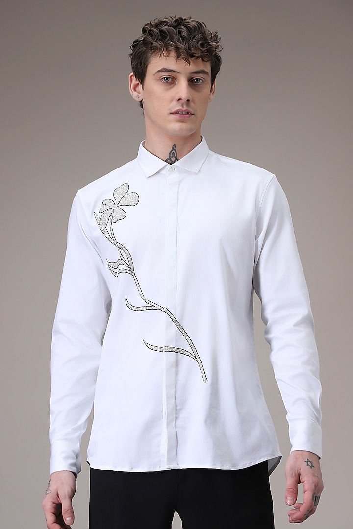 White Cotton Satin Floral Hand Embroidered Party Wear Shirt by Komal Kothari at Pernia's Pop Up Shop