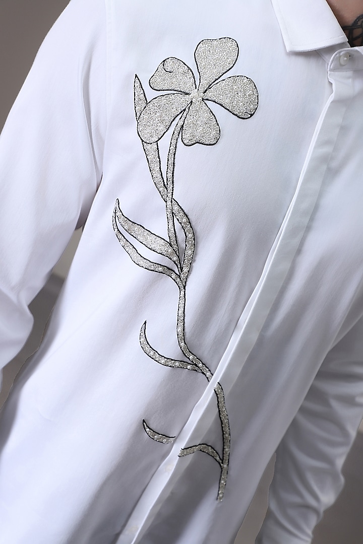 White Cotton Satin Floral Hand Embroidered Party Wear Shirt by Komal Kothari at Pernia's Pop Up Shop