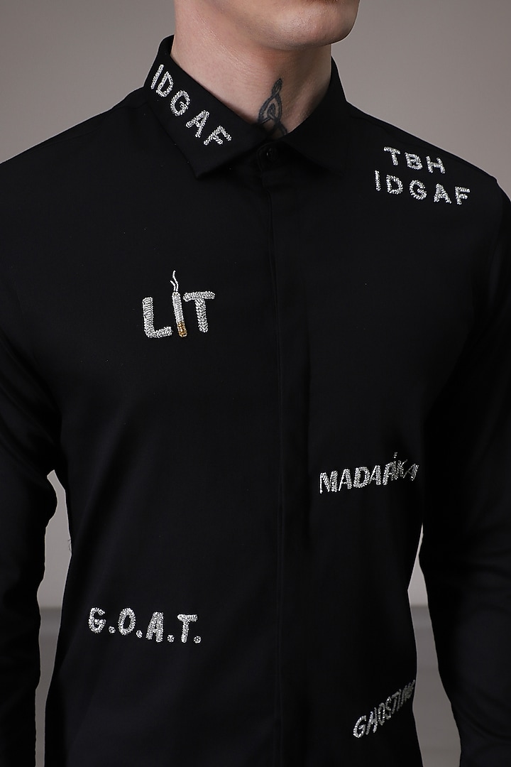 Black Cotton Satin Hand Embroidered Party Wear Shirt by Komal Kothari at Pernia's Pop Up Shop