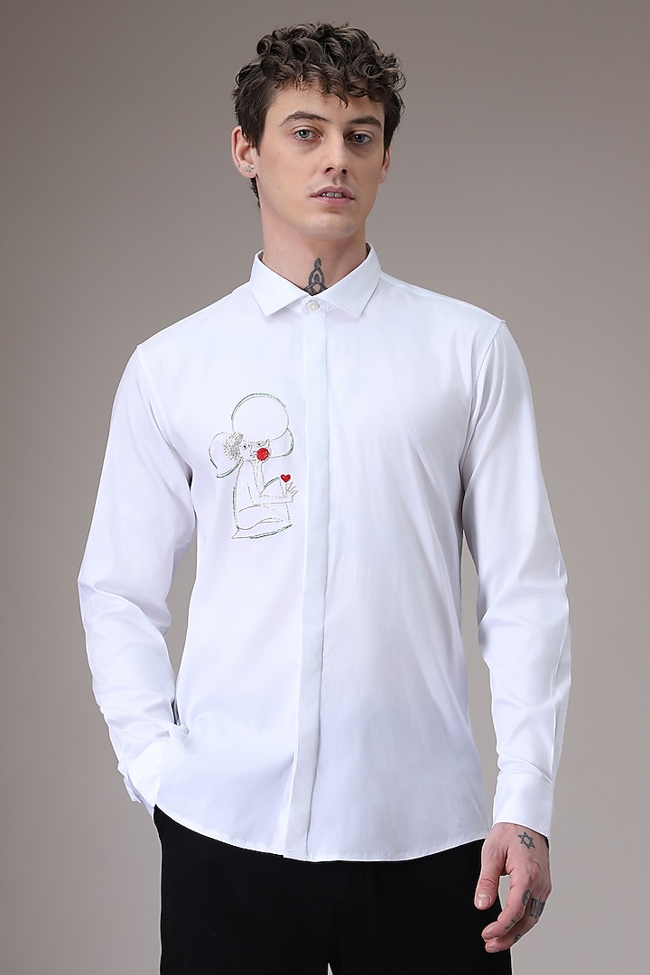 White Cotton Satin Hand Embroidered Shirt by Komal Kothari at Pernia's Pop Up Shop