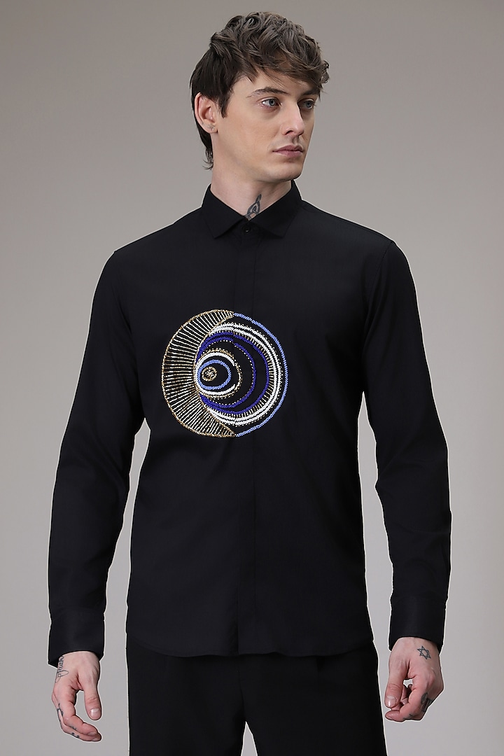 Black Cotton Satin Hand Embroidered Shirt by Komal Kothari at Pernia's Pop Up Shop