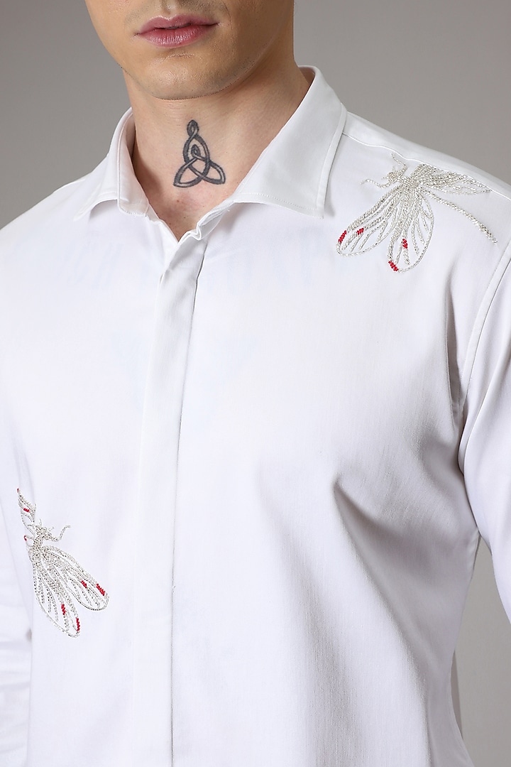 White Cotton Satin Hand Embroidered Party Wear Shirt by Komal Kothari at Pernia's Pop Up Shop