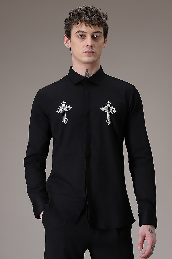 Black Cotton Satin Hand Embroidered Shirt by Komal Kothari at Pernia's Pop Up Shop