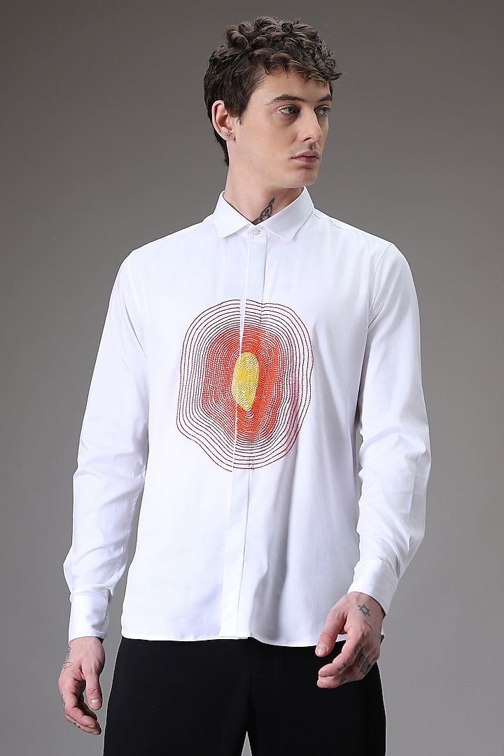 White Cotton Satin Hand Embroidered Shirt by Komal Kothari at Pernia's Pop Up Shop