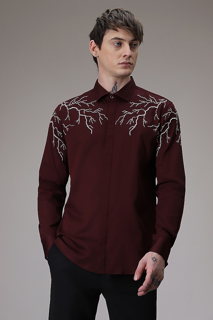 Burgundy Cotton Satin Hand Embroidered Shirt by Komal Kothari at Pernia's Pop Up Shop