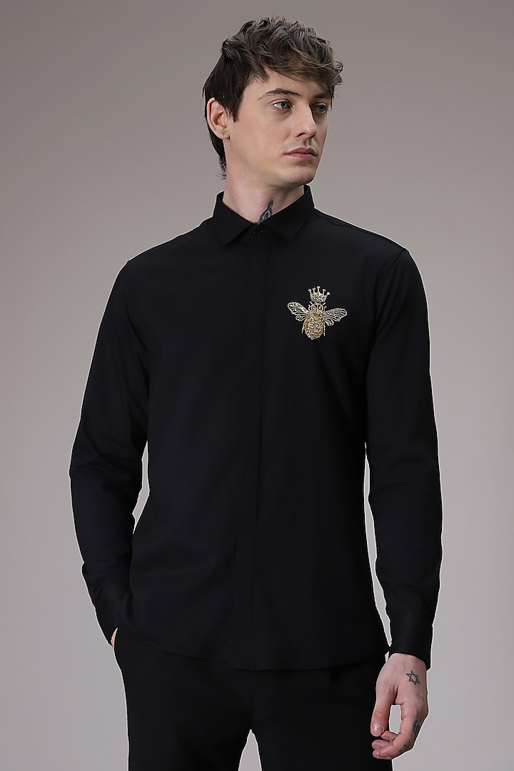 Black Cotton Satin Hand Embroidered Shirt by Komal Kothari