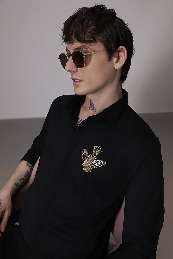 Black Cotton Satin Hand Embroidered Party Wear Shirt by Komal Kothari at Pernia's Pop Up Shop