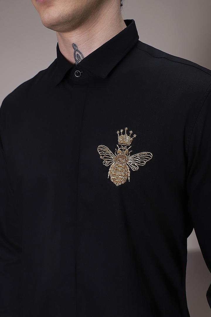 Black Cotton Satin Hand Embroidered Party Wear Shirt by Komal Kothari at Pernia's Pop Up Shop