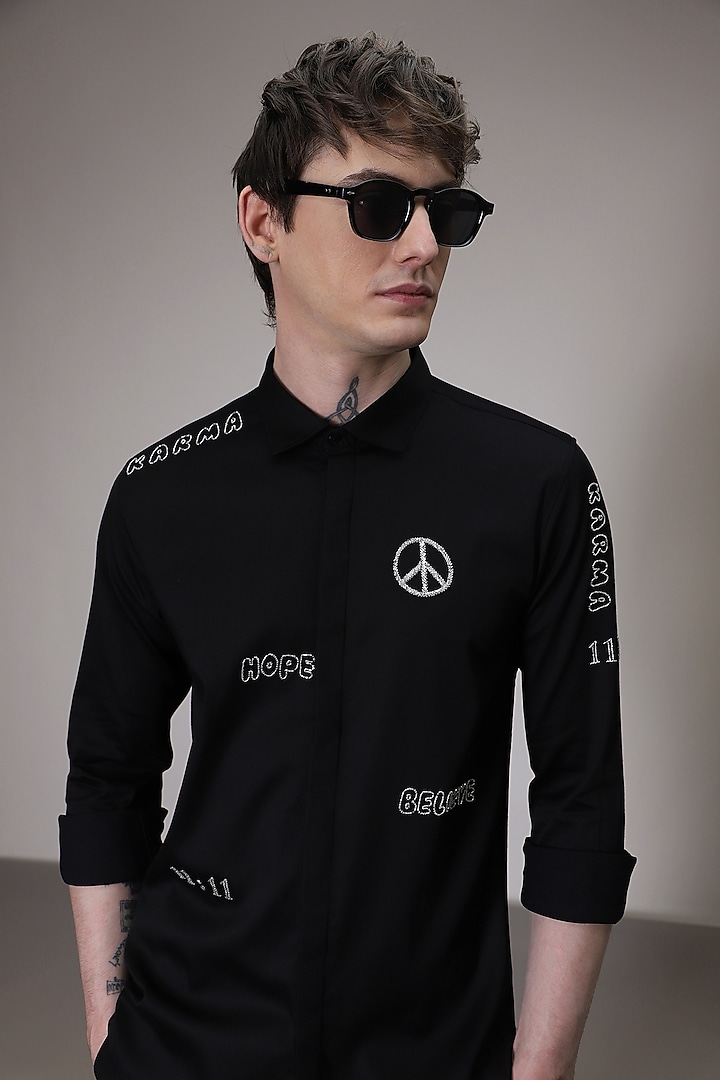 Black Cotton Satin Hand Embroidered Party Wear Shirt by Komal Kothari at Pernia's Pop Up Shop