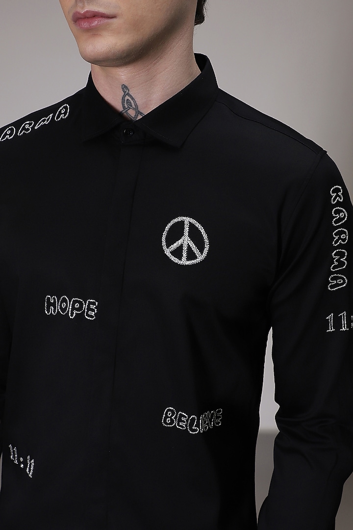 Black Cotton Satin Hand Embroidered Party Wear Shirt by Komal Kothari at Pernia's Pop Up Shop