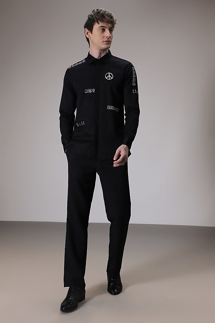 Black Cotton Satin Hand Embroidered Party Wear Shirt by Komal Kothari at Pernia's Pop Up Shop