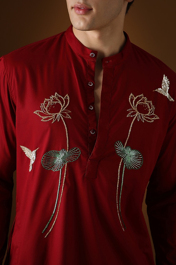 Maroon Cotton Hand Embroidered Kurta Set by Komal Kothari at Pernia's Pop Up Shop