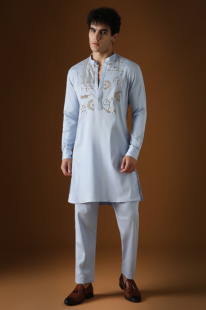 Powder Blue Cotton Hand Embroidered Kurta Set by Komal Kothari at Pernia's Pop Up Shop