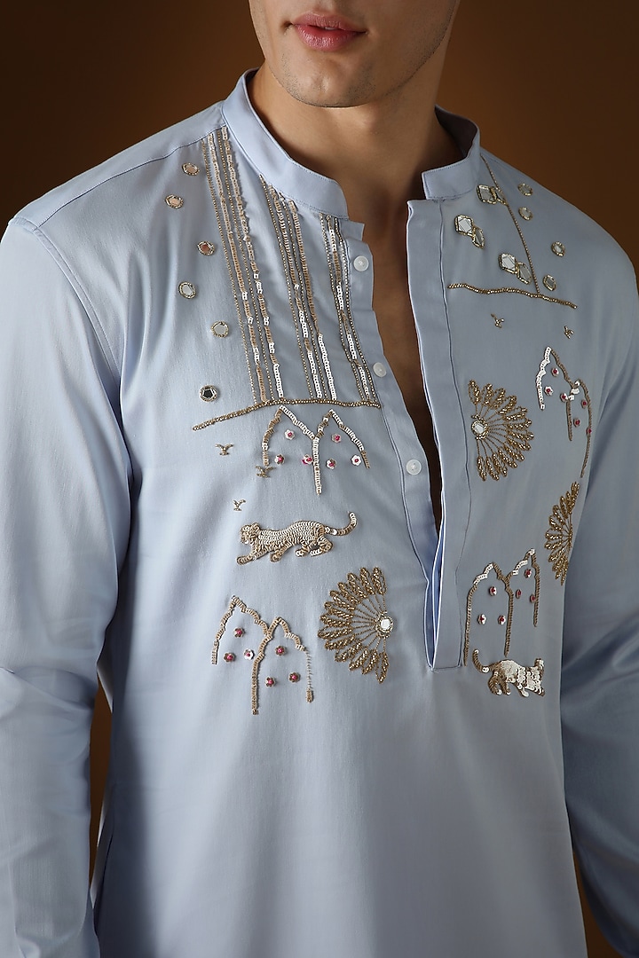 Powder Blue Cotton Hand Embroidered Kurta Set by Komal Kothari at Pernia's Pop Up Shop