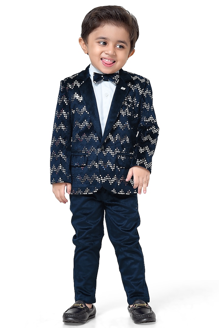 Navy Blue Velvet Sequin Blazer Set For Boys by Kokoons at Pernia's Pop Up Shop