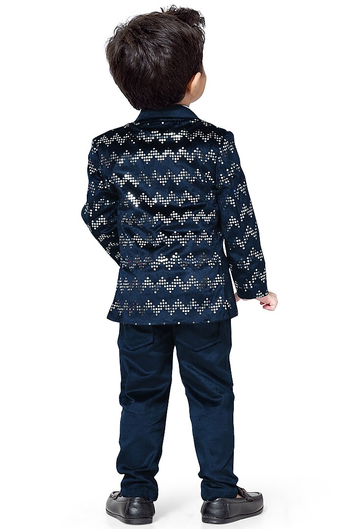 Navy Blue Velvet Sequin Blazer Set For Boys by Kokoons at Pernia's
