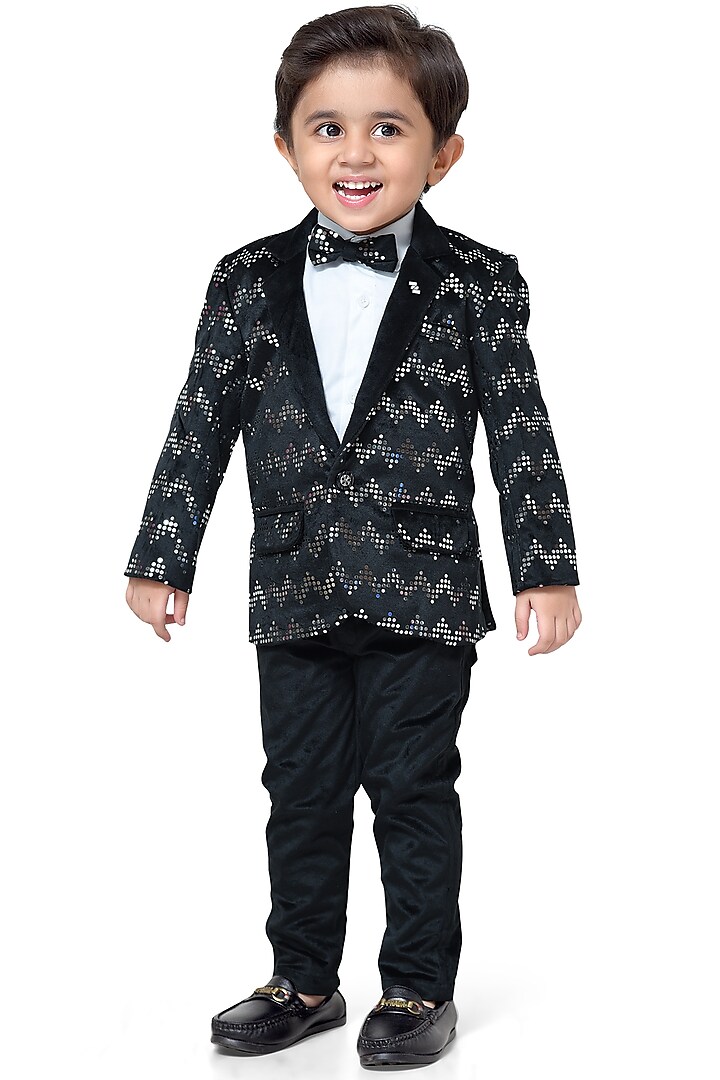 Black Velvet Sequin Blazer Set For Boys by Kokoons at Pernia's Pop Up Shop