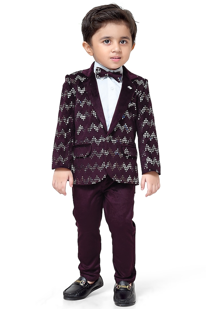 Wine Velvet Sequin Blazer Set For Boys by Kokoons at Pernia's Pop Up Shop