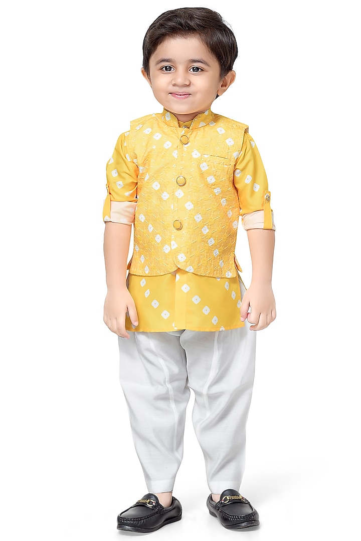 Yellow Cotton Mix Printed Nehru Jacket Set For Boys by Kokoons at Pernia's Pop Up Shop