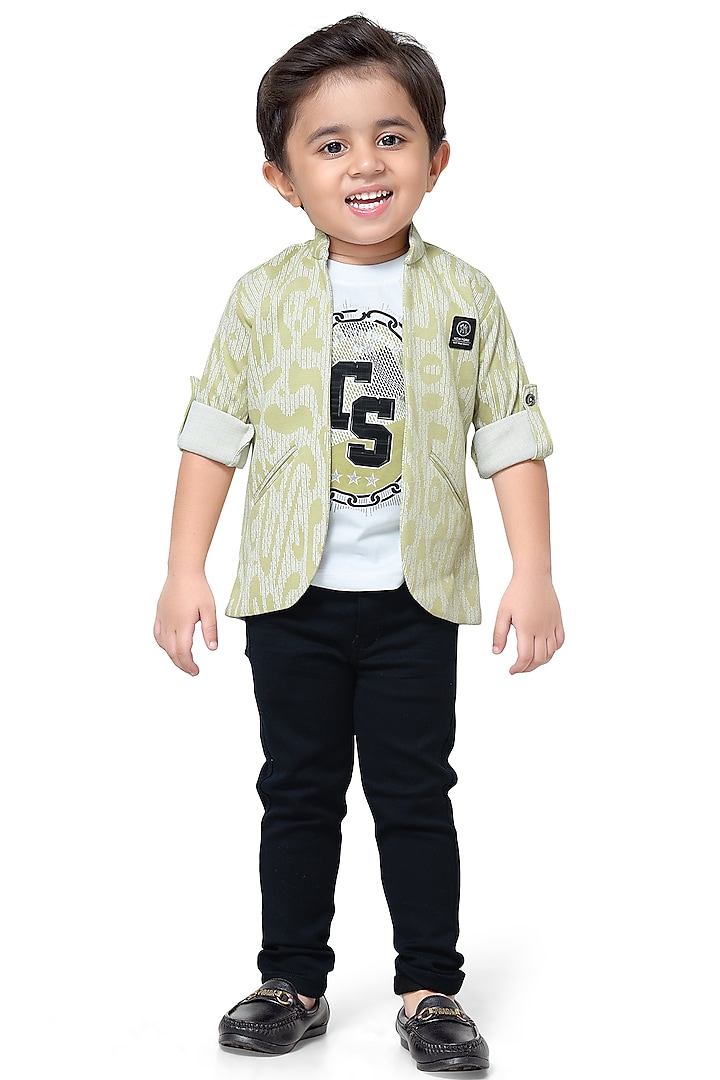 Green Cotton Mix Patch Jacket Set For Boys by Kokoons at Pernia's Pop Up Shop