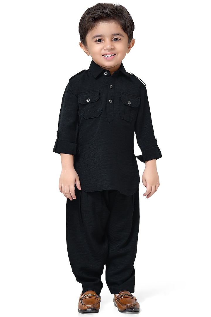 Black Cotton Mix Pathani Kurta Set For Boys by Kokoons at Pernia's Pop Up Shop