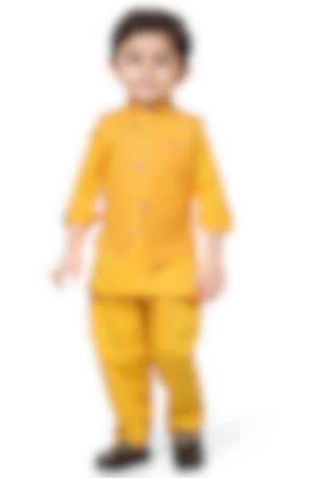 Yellow Cotton Mix Nehru Jacket Set For Boys by Kokoons at Pernia's Pop Up Shop