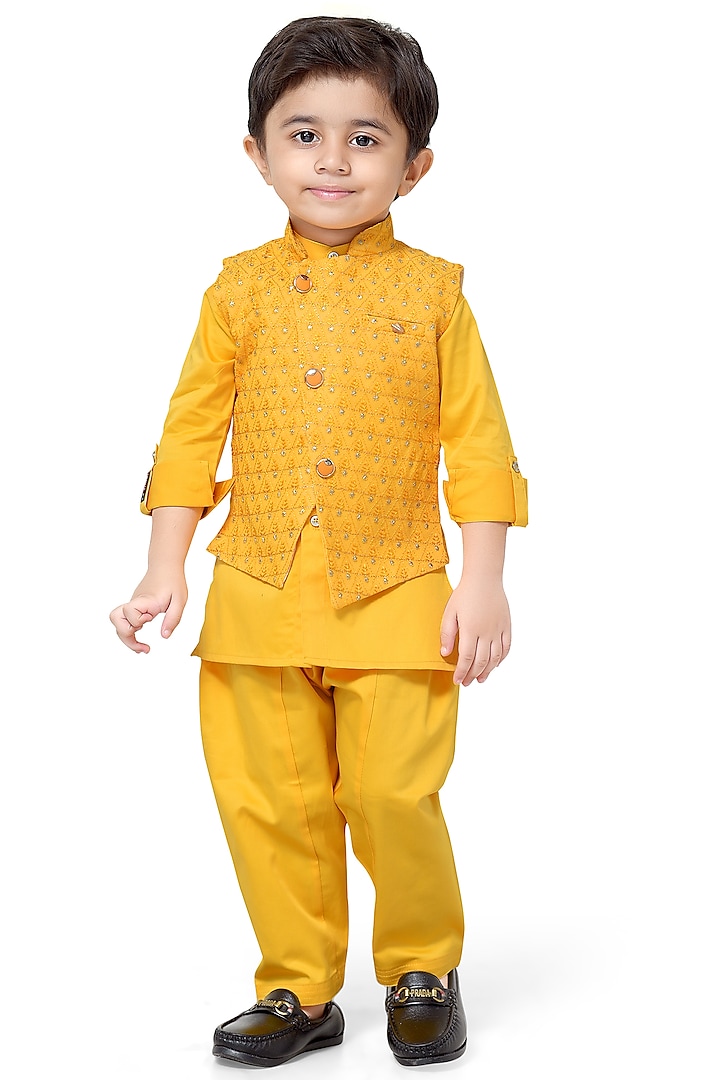 Yellow Cotton Mix Nehru Jacket Set For Boys by Kokoons at Pernia's Pop Up Shop