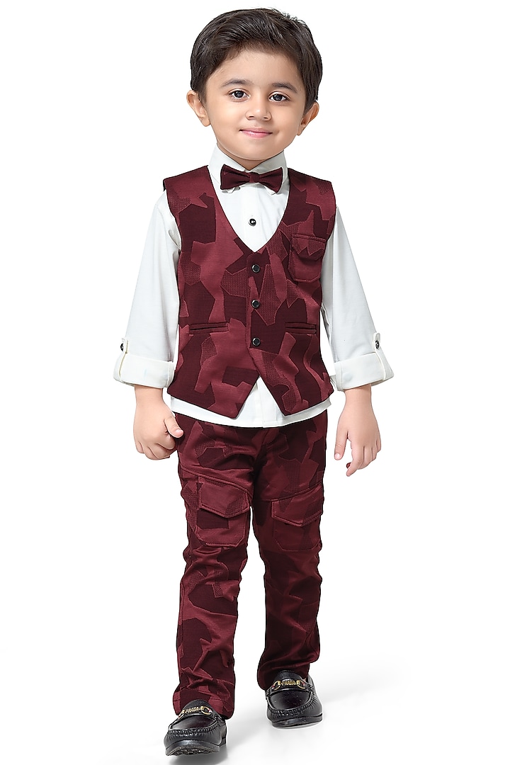 Maroon Knitted Cotton Waistcoat Set For Boys by Kokoons at Pernia's Pop Up Shop