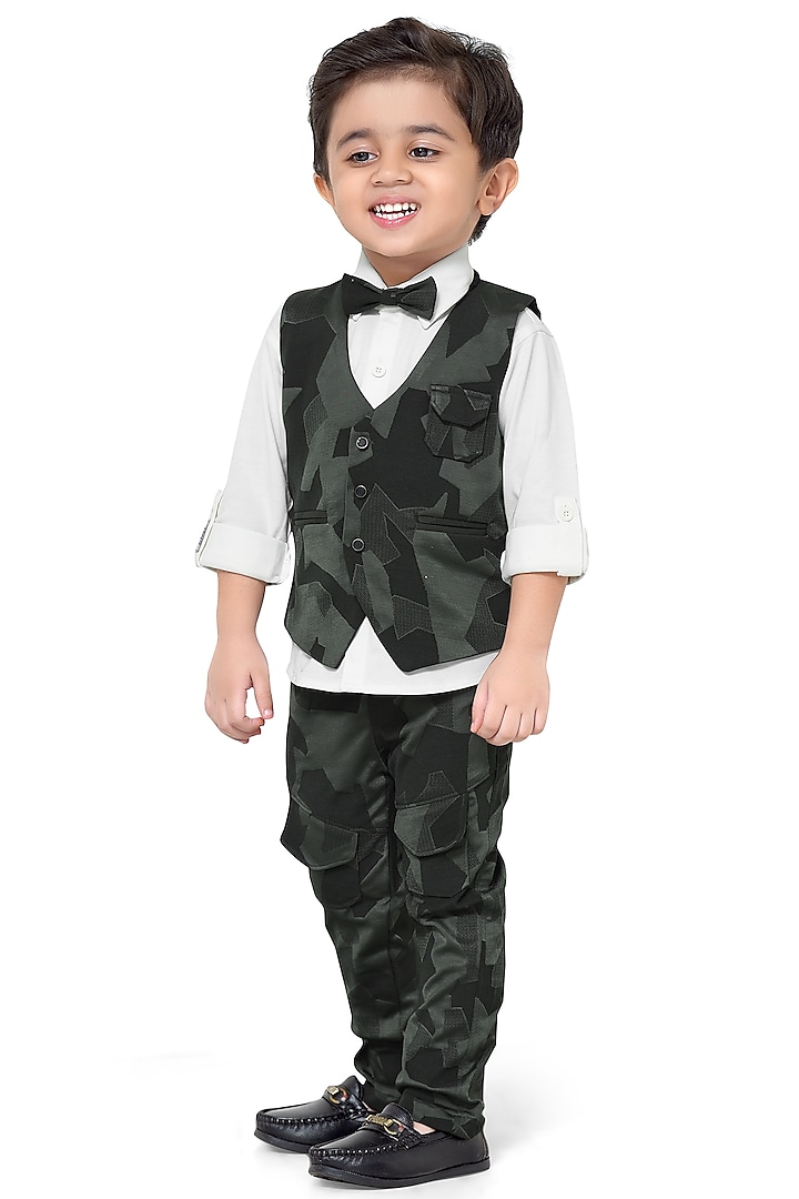 Green Knitted Cotton Waistcoat Set For Boys by Kokoons at Pernia's Pop Up Shop