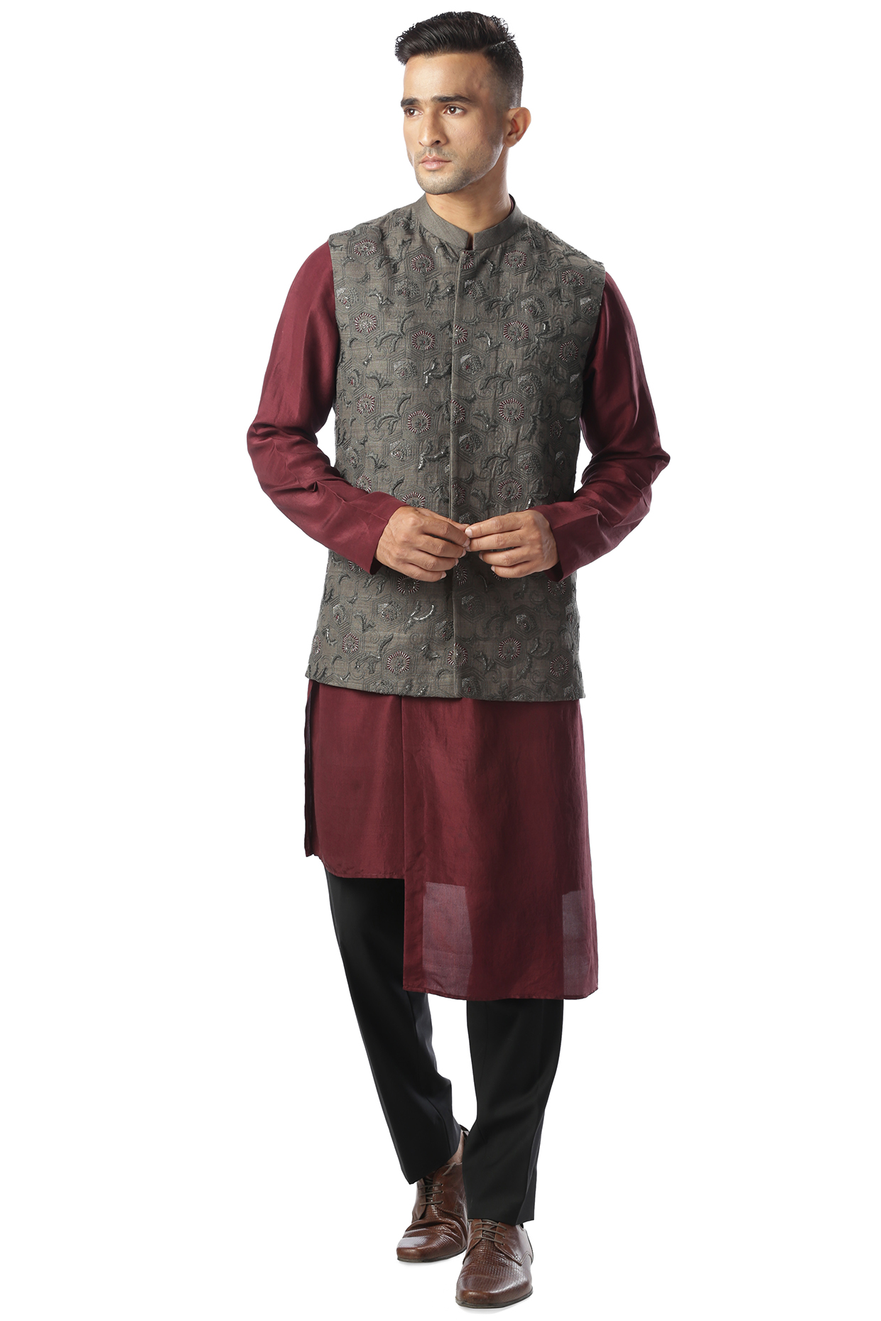 Burgundy Kurta Set With Grey Bundi Jacket by Kommal Sood at Pernia's Pop Up Shop