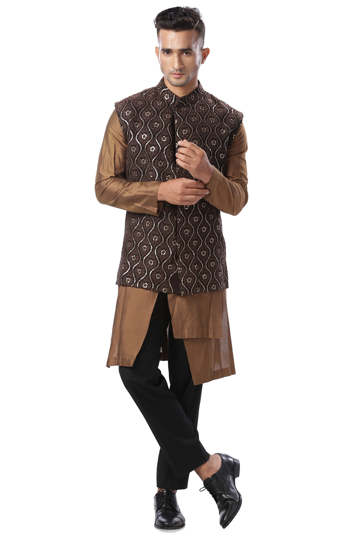 Tan Brown Kurta Set With Black Bundi Jacket by Kommal Sood at Pernia's Pop Up Shop