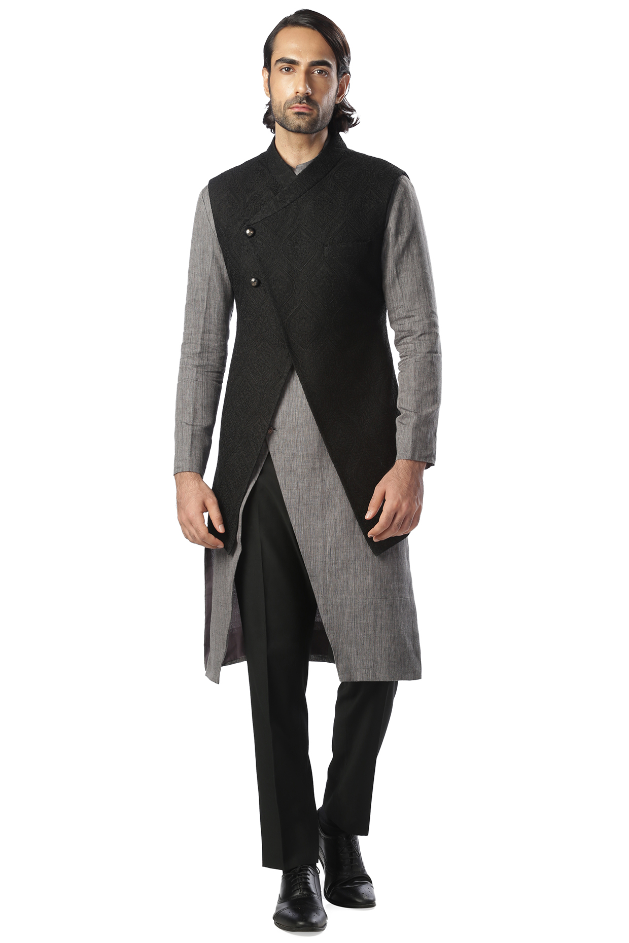 Black & Grey Kurta Set With Bundi Jacket by Kommal Sood at Pernia's Pop Up Shop