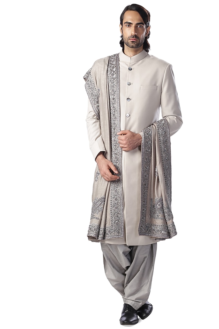 Light Grey Blended Wool Groom Sherwani Set With Stole by Kommal Sood at Pernia's Pop Up Shop