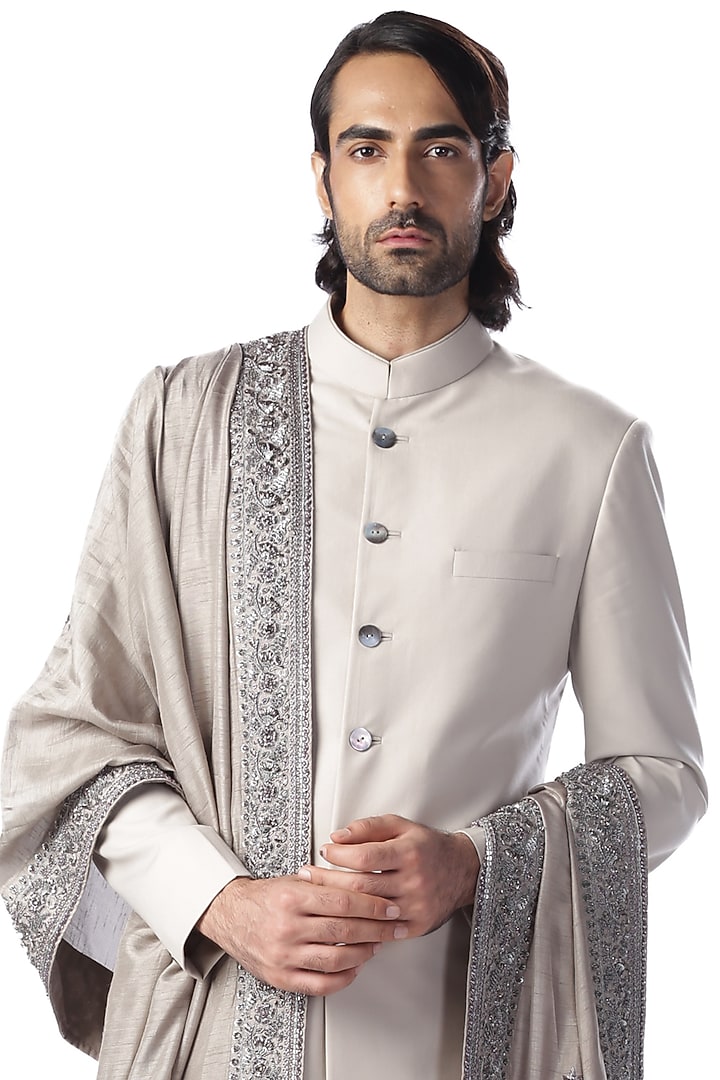 Light Grey Blended Wool Groom Sherwani Set With Stole by Kommal Sood at Pernia's Pop Up Shop