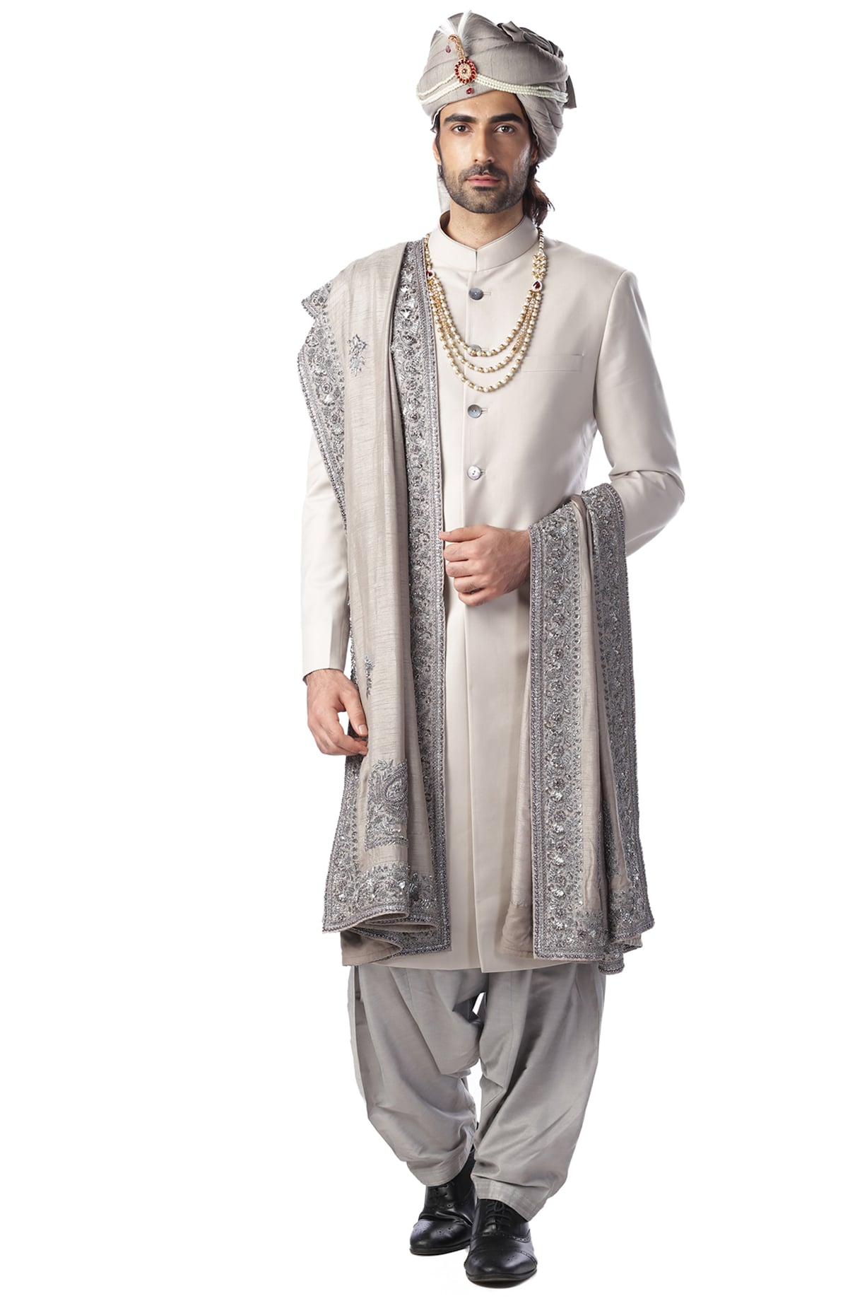 Light Grey Groom Sherwani Set With Silk Turban by Kommal Sood at